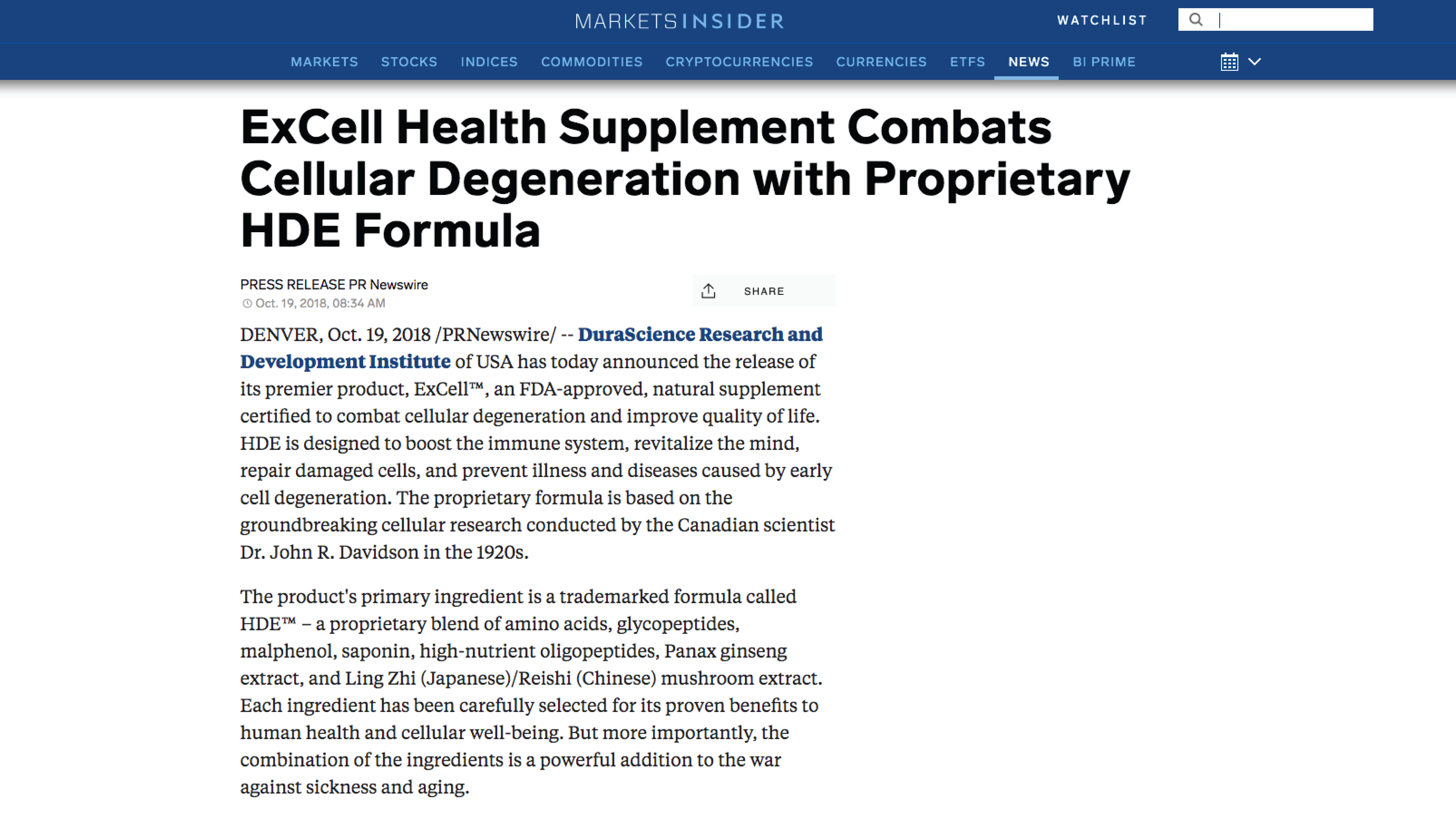 ExCell Health Supplement Combats Cellular Degeneration With Proprietary HDE Formula